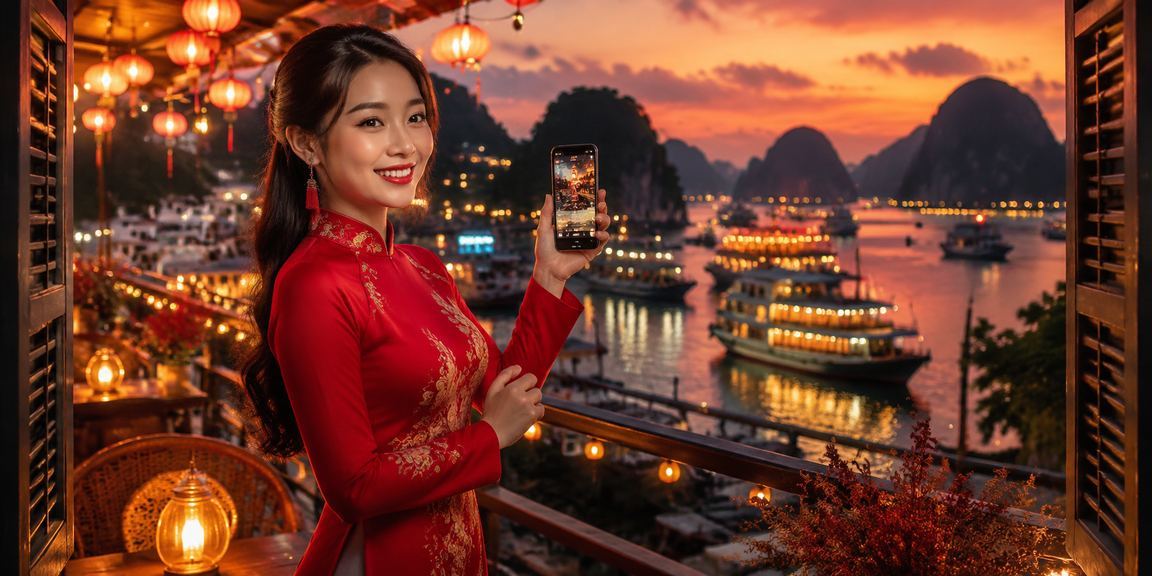 Người dùng xem lịch thi đấu thể thao trực tuyến trên điện thoại tại vịnh Hạ Long