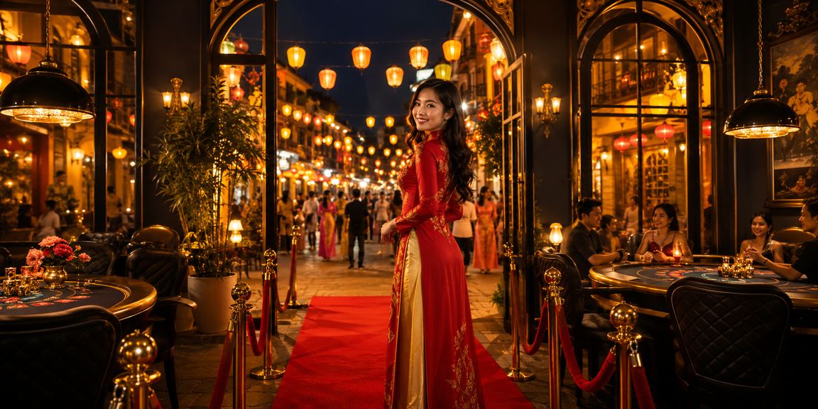 Người phụ nữ mặc áo dài tại Hội An thư giãn và tham gia trò chơi bài trực tuyến trên điện thoại